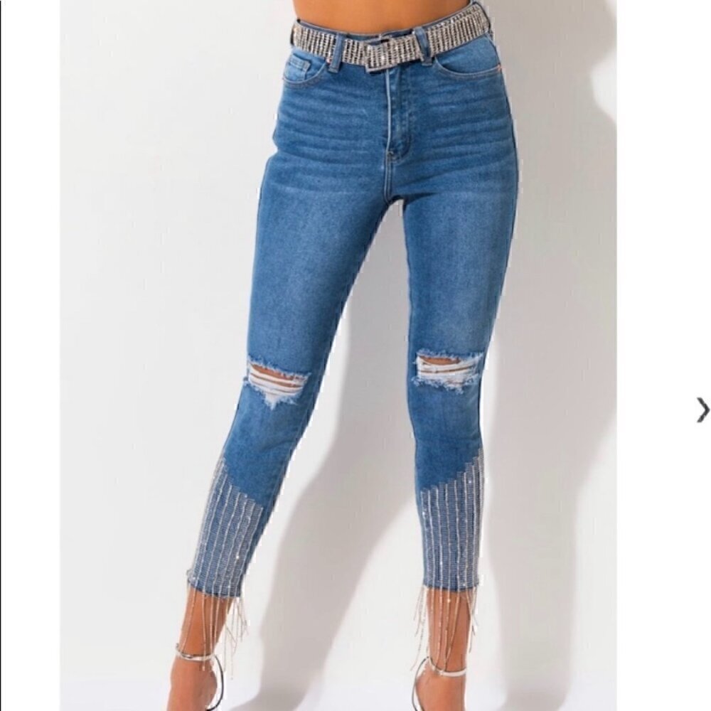 EUC - AKIRA Label Too Good High Waisted Rhinestone Fringe Skinny Jeans - Size 13 - Picture 2 of 15